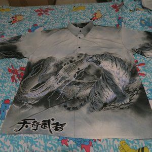 Vintage Y2K Billion Bay Tiger vs Dragon AOP Print Polyester Shirt Kanji XL Gray